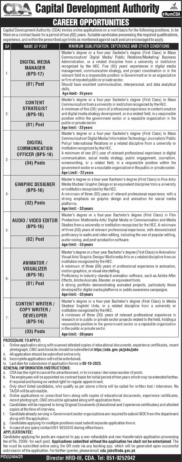 Jobs in Capital Development Authority Islamabad